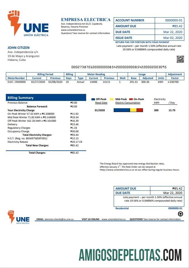 Cuba Empresa Electrica Utility Bill exemplo real